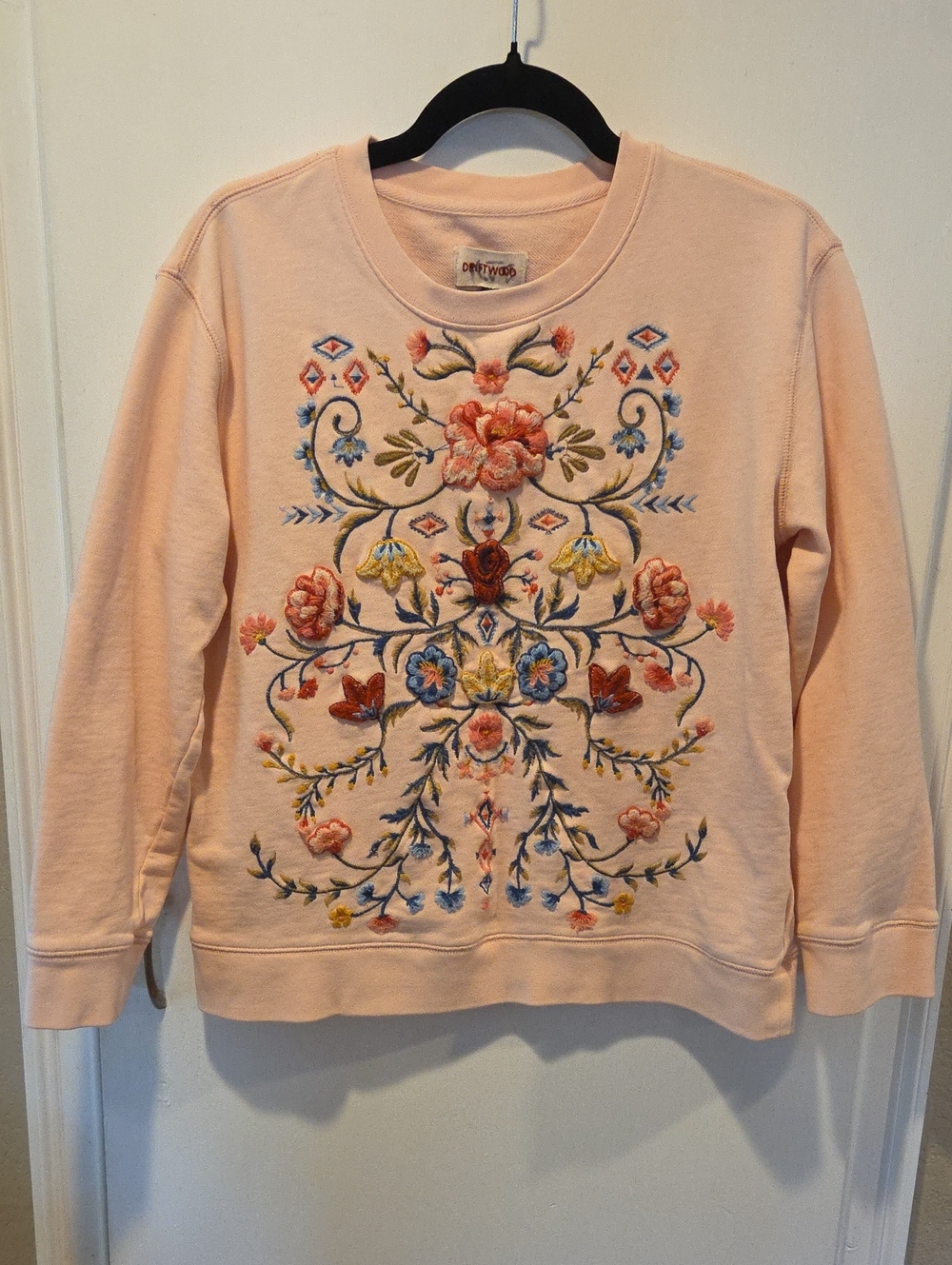 Driftwood Teddy Pink Embroidered Floral Crewneck Sweatshirt M